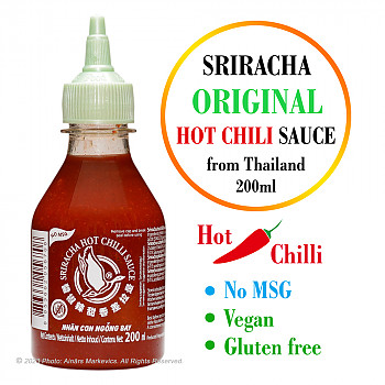 Sriracha (not MSG) Original HOT Chilli sauce, Srirača klasiskā asā Čili mērce (nesatur MSG), 200ml Mērce
